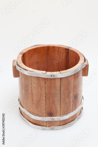 wooden bucket on white