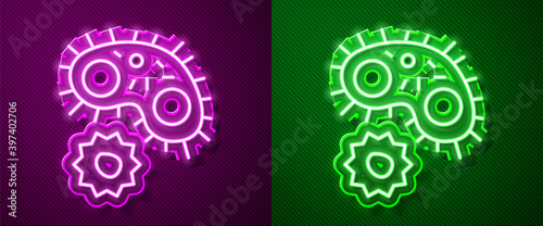 Glowing neon line Virus icon isolated on purple and green background. Corona virus 2019-nCoV. Bacteria and germs, cell cancer, microbe, fungi. Vector.