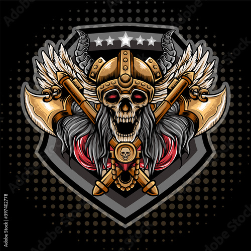 The original Vikings logo featuring a war head on a background of two axes. Illustration for t-shirts, posters, hoodies and Souvenirs. Vector