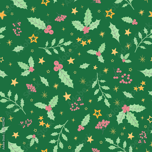 Vector modern seamless pattern with colorful hand draw illustration of Christmas decorations holly. Wallpaper, textile print, fills, web page, surface textures, wrapping paper, design of presentation