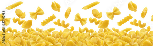 Falling italian pasta isolated on white background, seamless pattern texture