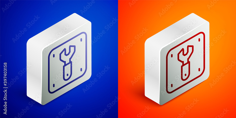Isometric line Repair of railway icon isolated on blue and orange background. Repair works. Renovation work. Sign and barrier tapes. Silver square button. Vector. Isometric line Repair of railway icon isolated on blue and orange background. Repair works. Renovation work. Sign and barrier tapes. Silver square button. Vector.