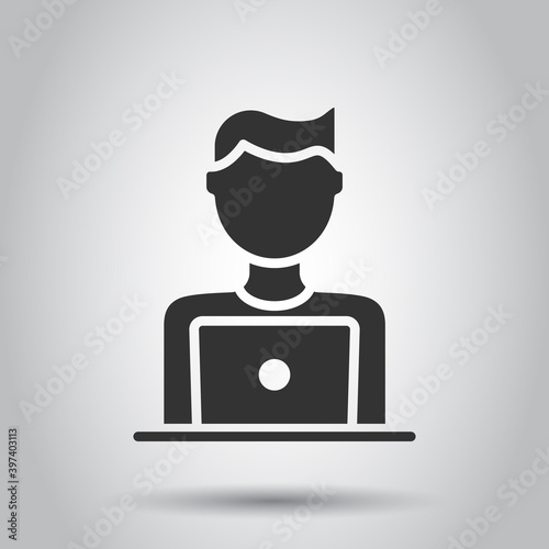 People with laptop computer icon in flat style. Pc user vector illustration on white isolated background. Office manager business concept.