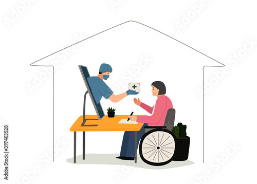telemedicine concept cartoon, doctor give a medical pack to old woman via laptop monitor, getting medical consult from home