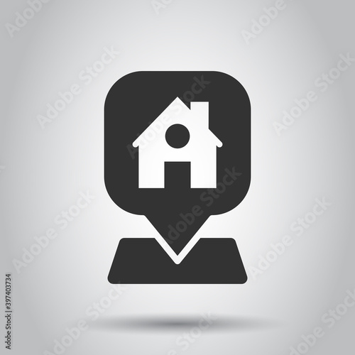 Home pin icon in flat style. House navigation vector illustration on white isolated background. Locate position business concept.