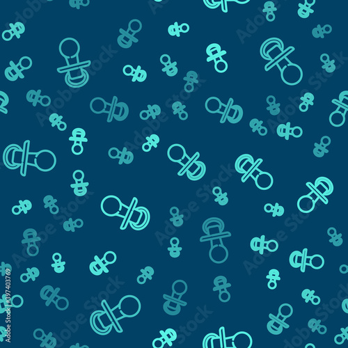 Green line Baby dummy pacifier icon isolated seamless pattern on blue background. Toy of a child. Vector.