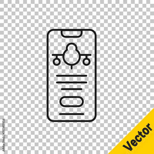 Black line Smartphone with electronic boarding pass airline ticket icon isolated on transparent background. Passenger plane mobile ticket for web and app. Vector.