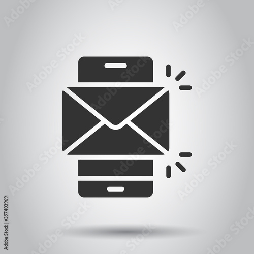 Message on smartphone icon in flat style. Mail with phone vector illustration on white isolated background. Envelope business concept.