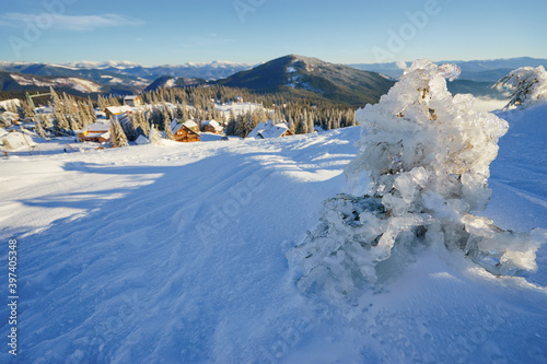 Beautiful white winter wonderland mountain scenery in the Carpathian with traditional houses on a cold sunny day with blue sky.