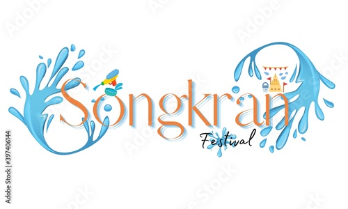 Thailand traditional festival. Songkran festival with blue water splash in frame on white background