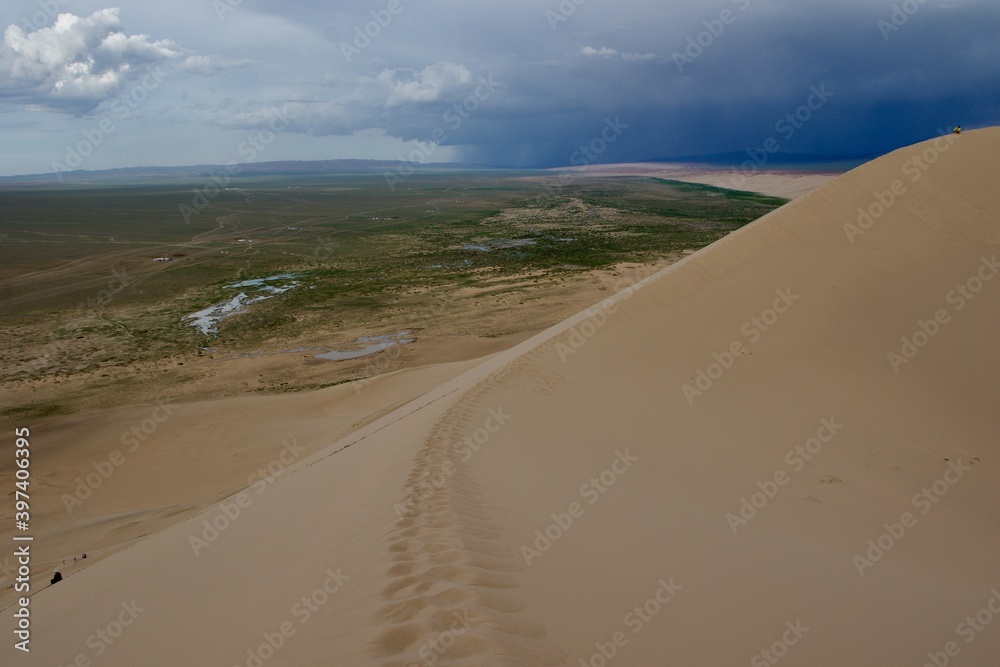 Panoramic view from the top of the sand dunes of Gobi desert, Mongolia 