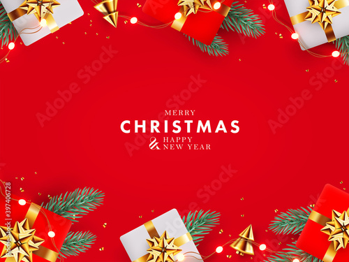 Christmas and New Year design. Xmas red background with frame made of realistic gift boxes, golden conical Christmas trees, garland lights, pine branches. Holiday poster, greeting card, website banner