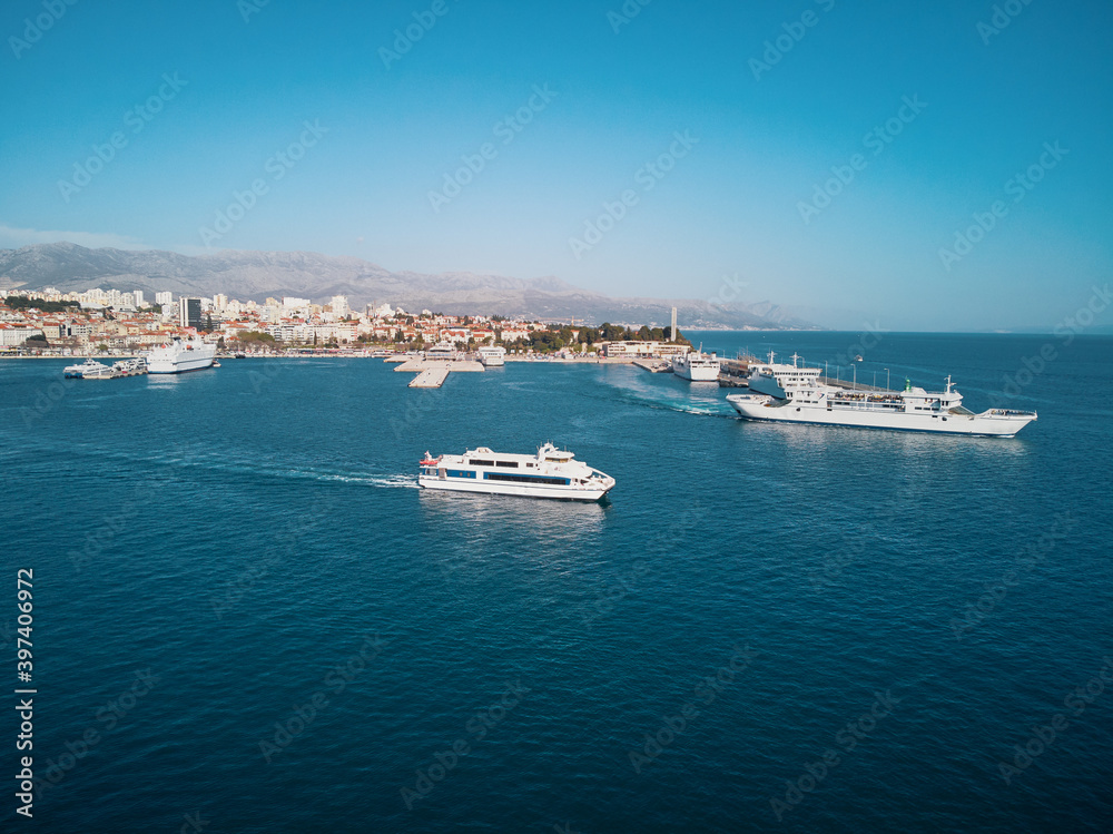 Drone view of Split old town sea promenade and harbour, Croatia.