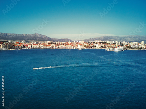 Drone view of Split old town sea promenade and harbour, Croatia. © luengo_ua