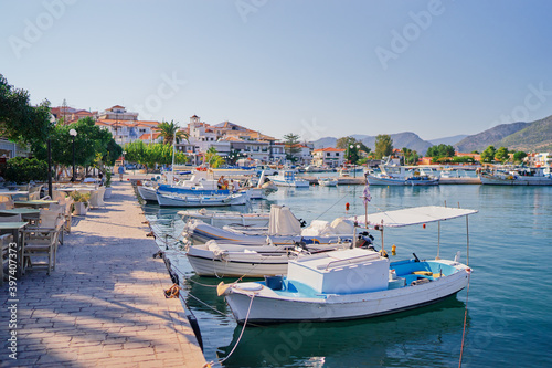 Harbor with leisure and fishing boats at anchor, Greece.