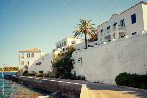 Houses in the harbor of Spetses, Greece.