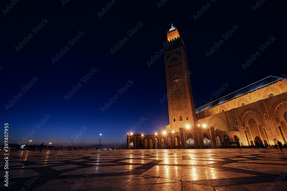 Travel by Morocco. Hassan II Mosque in night time, Casablanca.