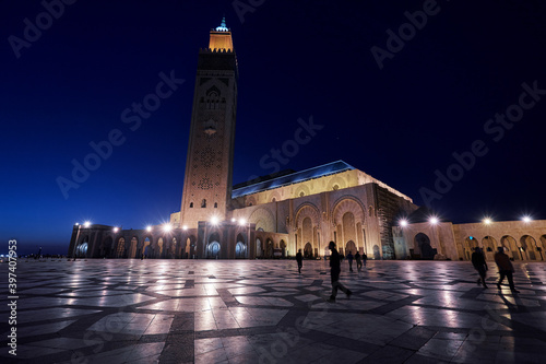 Travel by Morocco. Hassan II Mosque in night time, Casablanca.