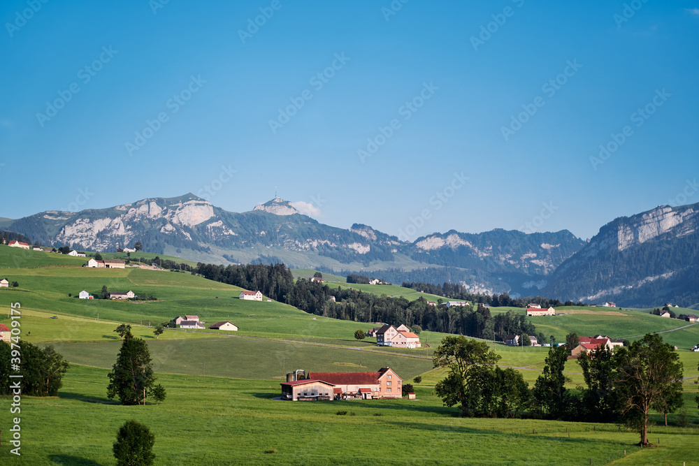 Beautiful summer landscape with houses on green field, Swiss Alps Mountains.