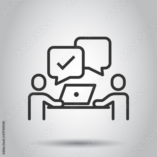 People with laptop computer icon in flat style. Pc user check mark vector illustration on white isolated background. Office manager business concept.