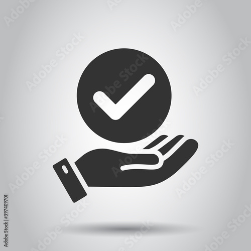 People hand with check mark icon in flat style. Accept vector illustration on white isolated background. Approval choice business concept.