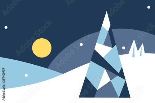 Winter vector illustration with fir-tree and empty space. Night landscape, Christmas tree, snowdrifts, moon. Winter holiday design Perfect for greeting Design for banner, flyer, brochure, card, poster