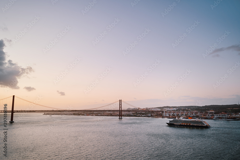 Tagus river in Lisbon. View on city shore.