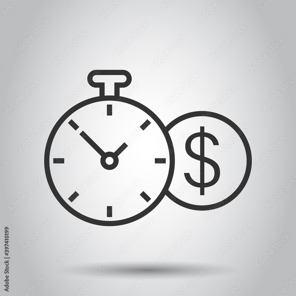 Time is money icon in flat style. Clock with dollar vector illustration on white isolated background. Currency business concept. Time is money icon in flat style. Clock with dollar vector illustration on white isolated background. Currency business concept.