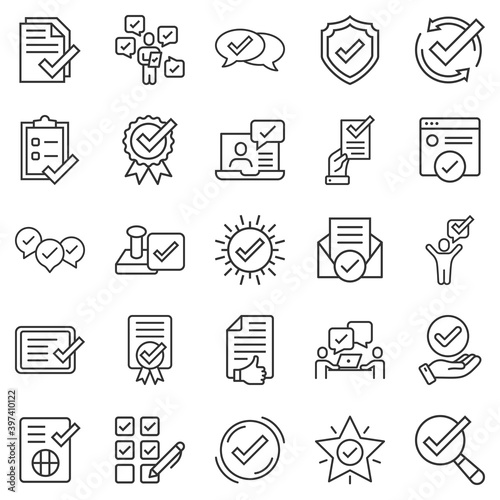 Approve icon set in flat style. Check mark vector illustration on white isolated background. Tick accepted business concept.