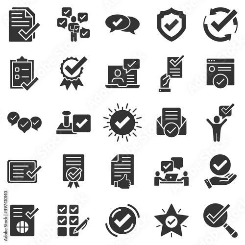 Approve icon set in flat style. Check mark vector illustration on white isolated background. Tick accepted business concept.