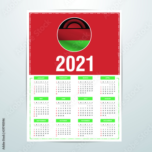 Malawi Calendar 2021- Country Flag Banner - Happy New Year Design.