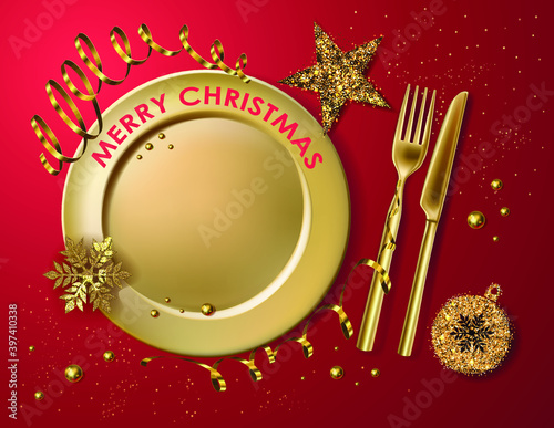 Christmas table setting, gold plate, fork, knife and tinsel, snowflake, star, serpentine on a red background for Christmas, New Year menu