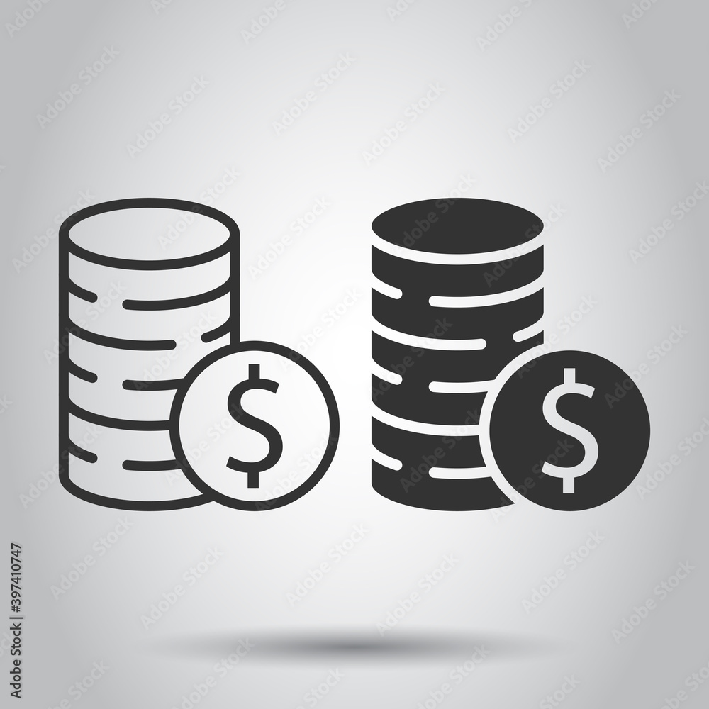 Coins stack icon in flat style. Dollar coin vector illustration on white isolated background. Money stacked business concept. Coins stack icon in flat style. Dollar coin vector illustration on white isolated background. Money stacked business concept.