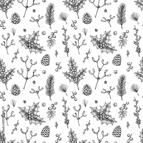 Christmas seamless pattern with hand drawn mistletoe and Christmas stree branches, cones and holly berries isolated on white background. Vector illustration in vintage sketch style