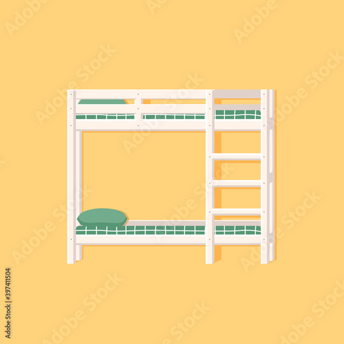 white baby bunk bed in flat style. Trendy nursery interior design. Vector illustration on yellow background