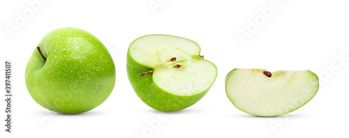 Perfect Fresh Green Apple on White Background with water drop in Full Depth of Field