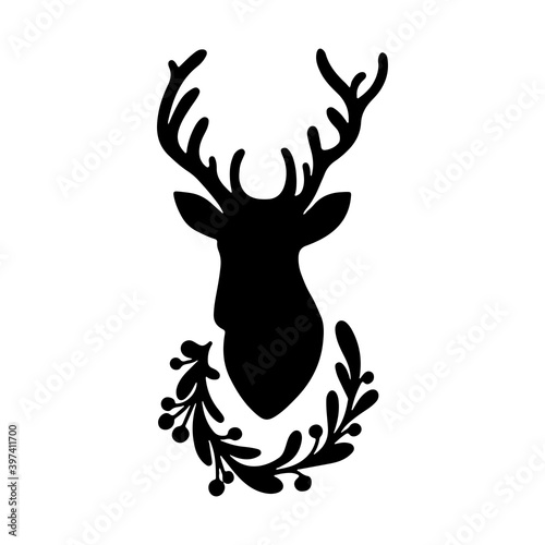 Christmas deer silhouette with floral wreath isolated on white background. New Year elegant winter reindeer decoration Vector flat illustration. Design for banner, greeting card, textile