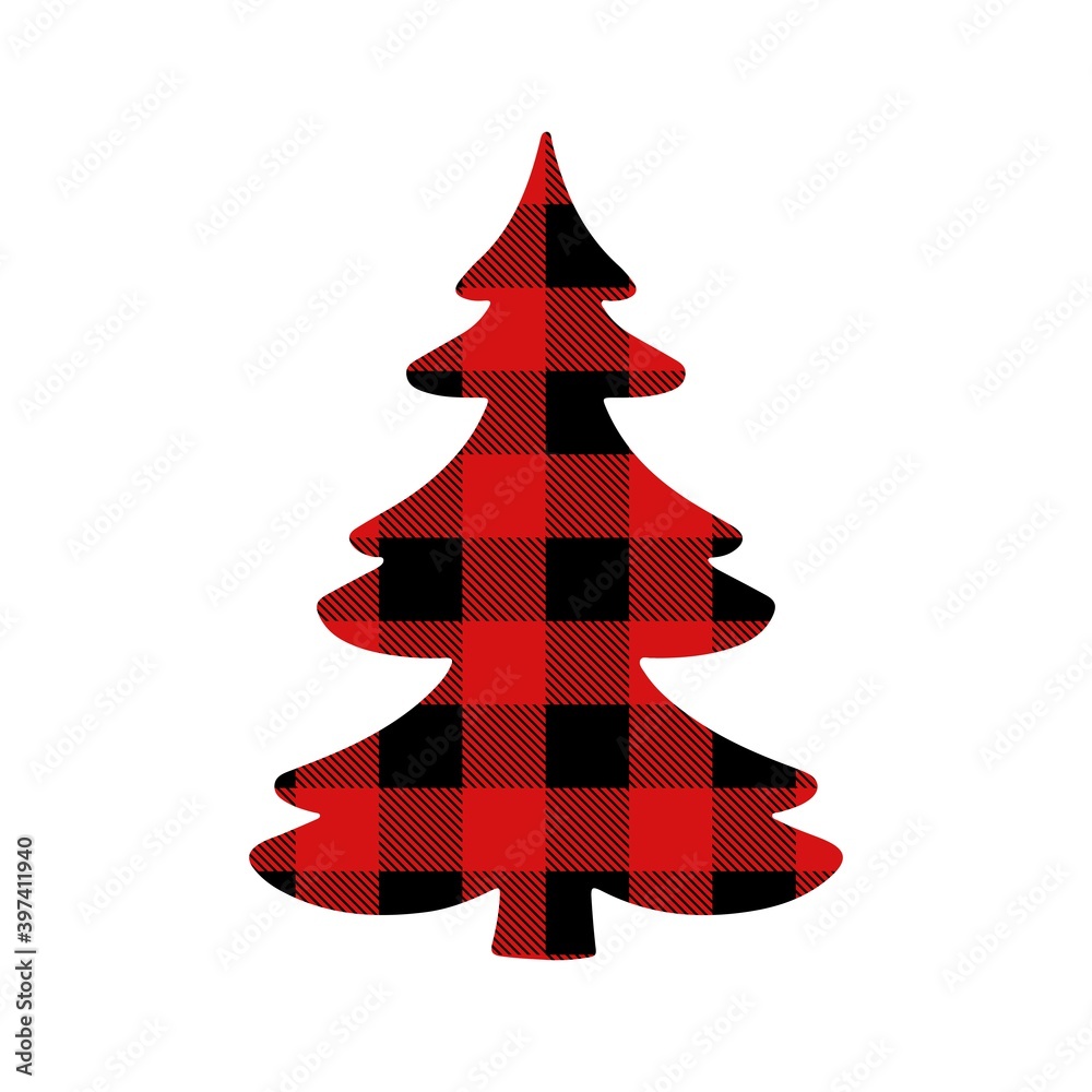 Christmas tree with Buffalo plaid ornament in red and black isolated on white background. Tartan plaid for festive background. Design for greeting card, pattern, banner. Vector flat illustration. Christmas tree with Buffalo plaid ornament in red and black isolated on white background. Tartan plaid for festive background. Design for greeting card, pattern, banner. Vector flat illustration.