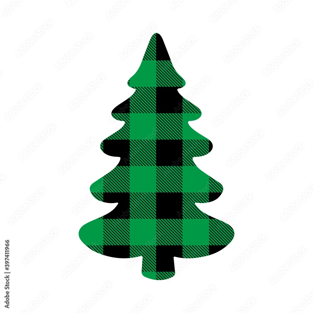 Christmas tree with Buffalo plaid ornament in green and black isolated on white background. Tartan plaid for festive background. Design for greeting card, pattern, banner. Vector flat illustration. Christmas tree with Buffalo plaid ornament in green and black isolated on white background. Tartan plaid for festive background. Design for greeting card, pattern, banner. Vector flat illustration.