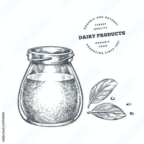 Hand drawn sketch style jar with milk, yogurt or sour cream. Organic fresh food vector illustration isolated on white background. Retro dairy product illustration.