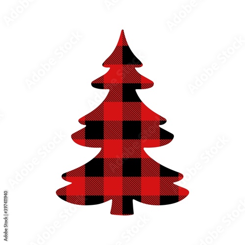 Christmas tree with Buffalo plaid ornament in red and black isolated on white background. Tartan plaid for festive background. Design for greeting card, pattern, banner.  Vector flat illustration.
