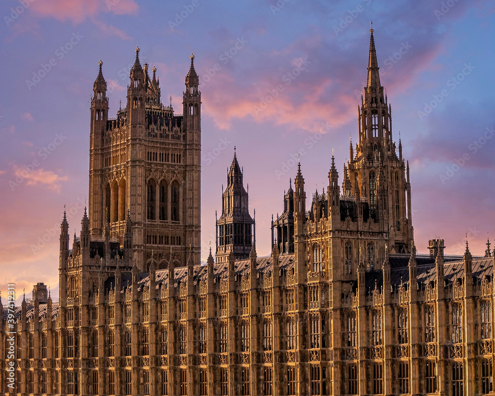 London, England, the British parliament impressive building under dramatic sky