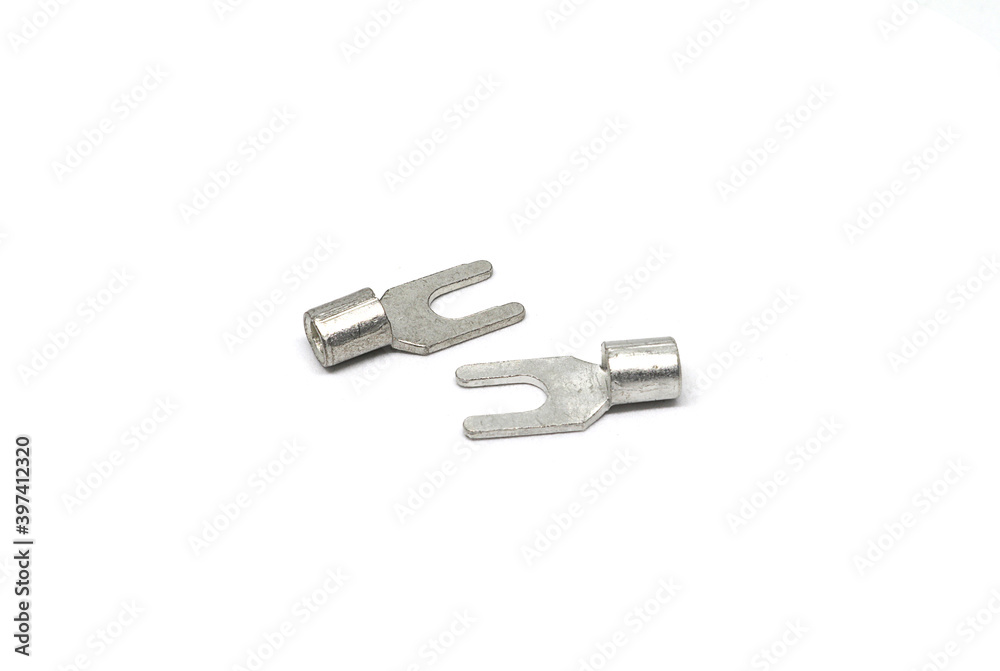 Spade terminals electrical cable connector accessories isolated on white background Spade terminals electrical cable connector accessories isolated on white background
