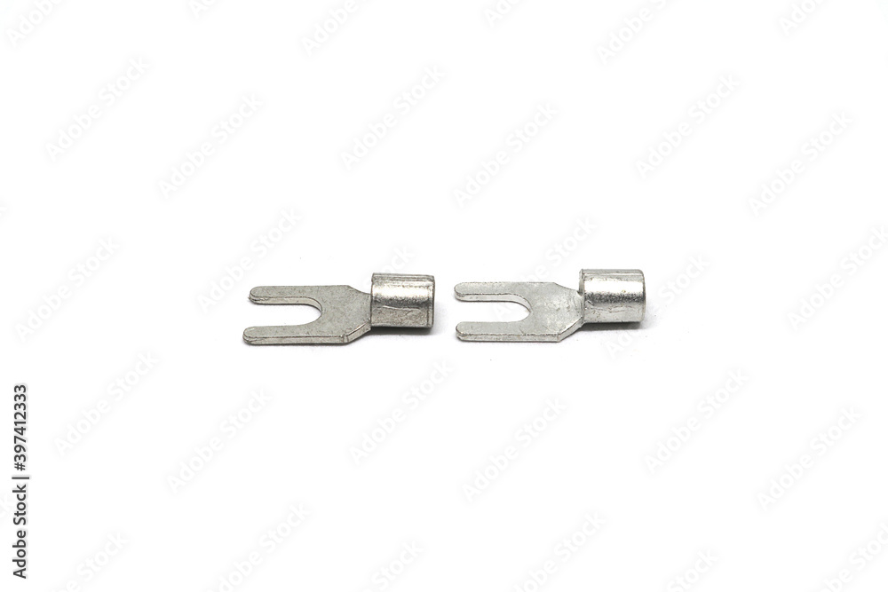 Spade terminals electrical cable connector accessories isolated on white background Spade terminals electrical cable connector accessories isolated on white background