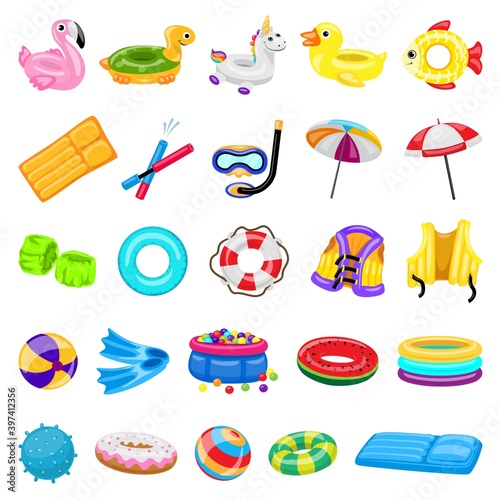 Pool equipment icons set. Cartoon set of pool equipment vector icons for web design