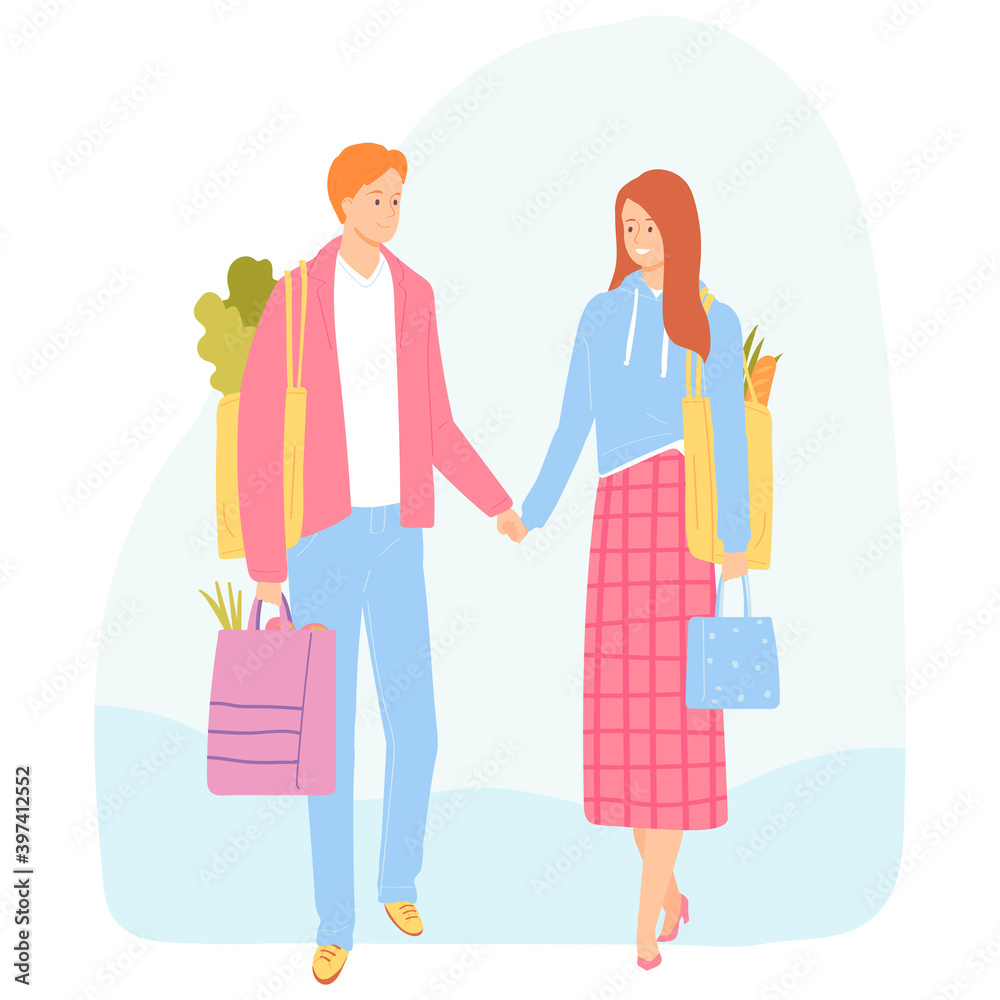 Cheerful romantic couple goes shopping. Young man and woman carry shopping bags with groceries. Vector illustration. Cartoon style characters