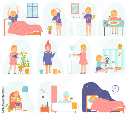 daily routine for kids with cute girl. Vector illustration. Cartoon style character.