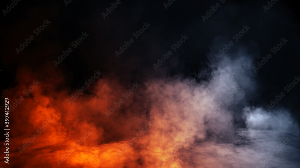 Mystery blue and orange fog texture overlays for text or space. Smoke chemistry, mystery effect on isolated background. Stock illustration.
