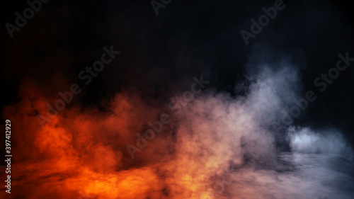 Mystery blue and orange fog texture overlays for text or space. Smoke chemistry, mystery effect on isolated background. Stock illustration. © Victor