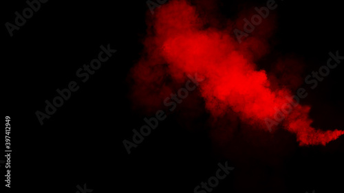 Explosion chemistry red smoke bomb on isolated background. Freezing dry fog bombs texture overlays. photo